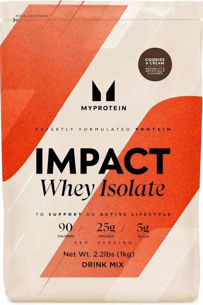 Myprotein Impact Whey Protein Isolate, 2.2 Lbs (40 Servierungen) Cookies & Cream, 19g Protein, 3.5g Glutamin & 4.5g BCAA Pro Serving, Protein Shake für Muskelkraft & Recovery