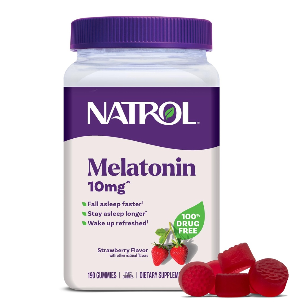 Natrol Melatonin Gummis, Schlafunterstützung, 190 Erdbeer-Flavored Adult Melatonin Gummies, 10 mg Schlafhilfen für Erwachsene