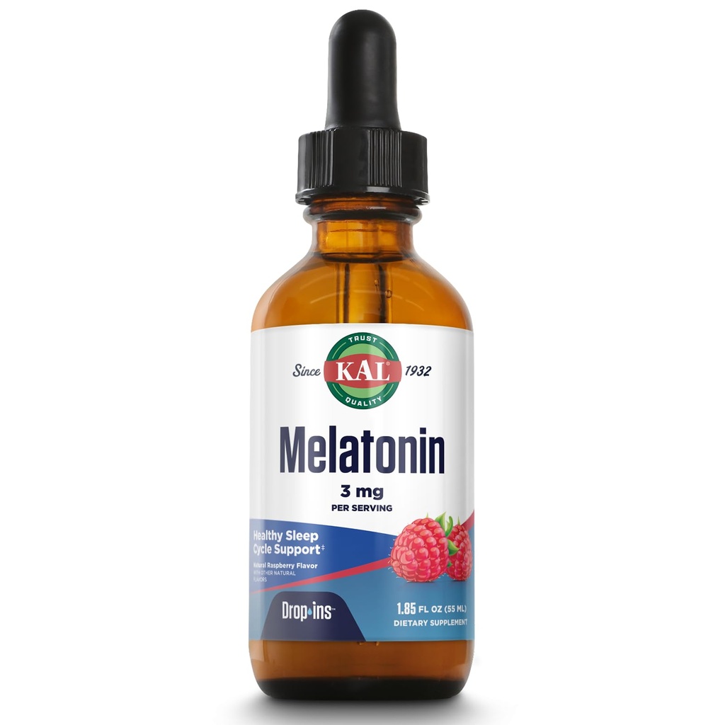 KAL Melatonin DropIns 3mg, Gesunde Schlafhilfe Unterstützung, Flüssige Melatonin Tropfen für Optimale Absorption & Beruhigende Entspannung Unterstützung, Schnell wirkende, Natürliche Himbeer-Aroma, Ca. 55 Portionen, 1,85oz