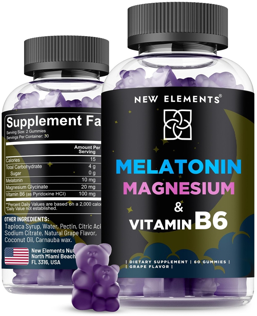 Neue Elemente Melatonin Gummi 10mg mit Magnesium Glycinat & Vitamin B6 | Schlaf-Unterstützung, Entspannung & Stress-Relief | Non-GMO, Gluten-Free | Great-Tasting | Natural Grape Flavor