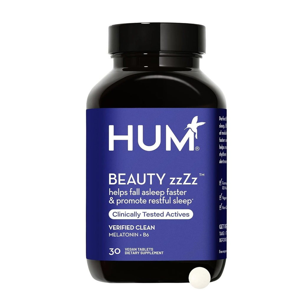 HUM Beauty zzZz Melatonin Schlafergänzung für Erwachsene mit Melatonin 3mg, Vitamin B6 und Calcium, Vegan, Glutenfrei, Non GMO Schlafunterstützung Tablets für Erwachsene und Beauty Rest, 30 Vegan Tablets