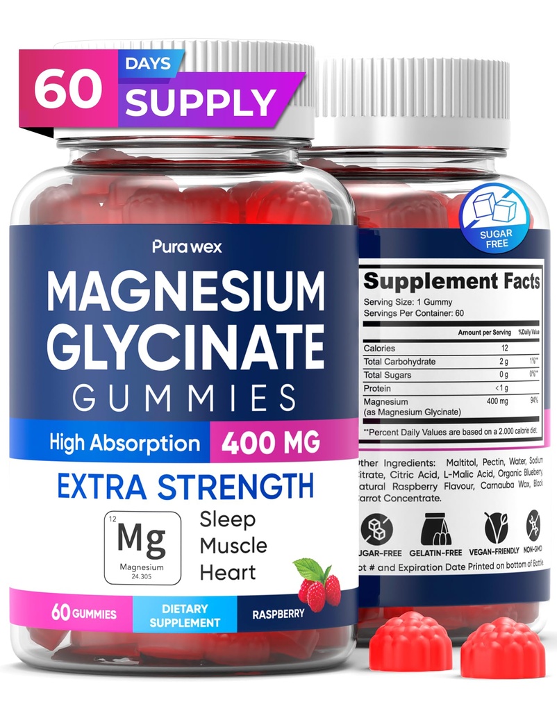 Magnesium Glycinate Gummi 400mg, hohe Absorption Magnesium Ergänzung für Frauen, Männer und Kinder, Muskelunterstützung und Entspannung, Zuckerfrei, Vegan, 60 Tage Versorgung