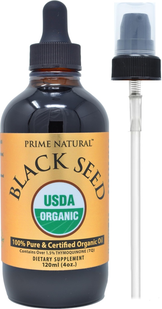 Prime Natural Organic Black Seed Oil 4oz - Kalt gepresste ungeraffte hohe Thymochinone 1,7% USDA Zertifiziert - türkische Herkunft Potent Nigella Sativa Flüssigkeit - Vegan Omega 3 6 9, Antioxidant