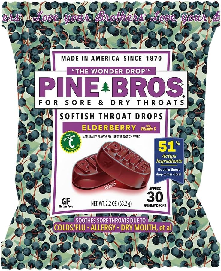 Pine Bros. Gummy Sore Throat Softish Drops 30 Count (ca.) (Pack von 1, Elderberry)