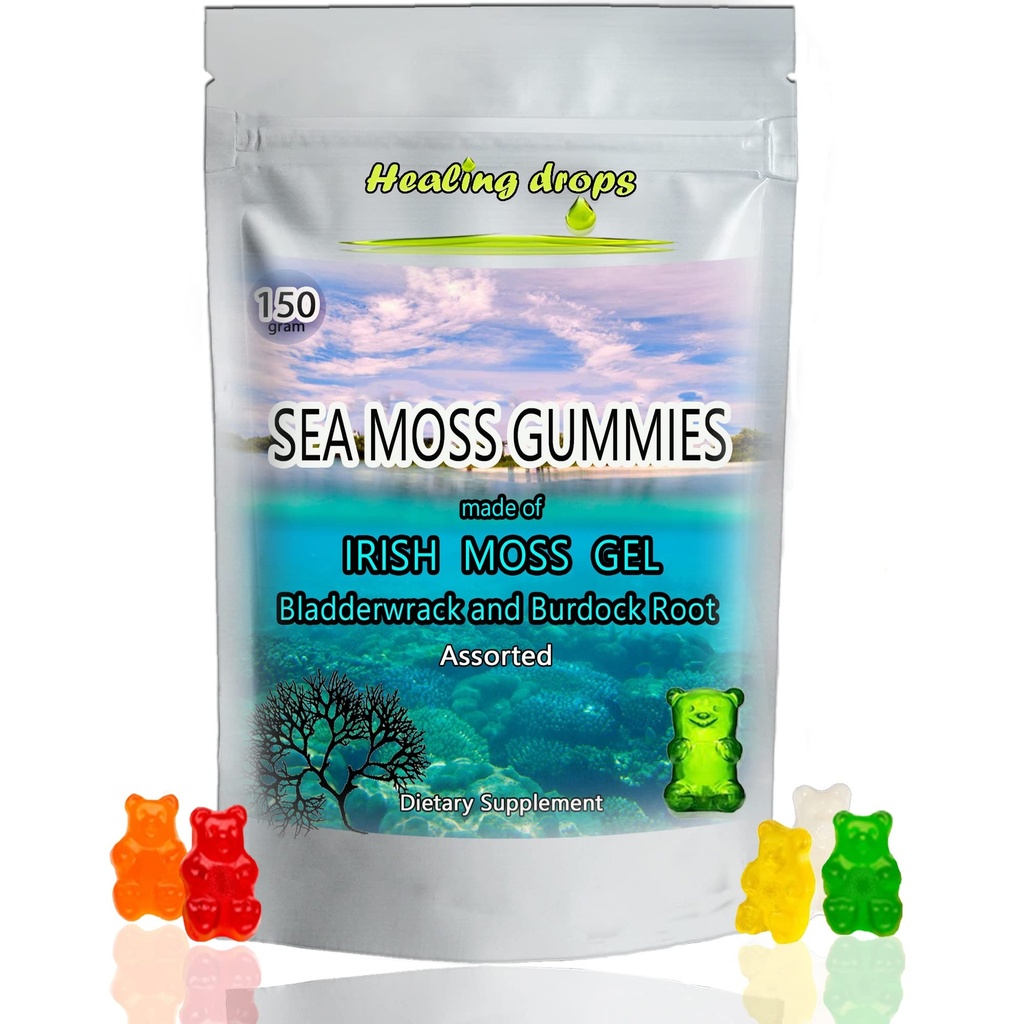 Sea Moss Gummi - Irish Sea Moss - Raw Organic Wildcrafted Sun-Dried Seamoss Powder and Gel - mit Bladderwrack Burdock Root – Alkaline Keto Vegan Non-GMO Diät – Haut & Detox (Assorti)