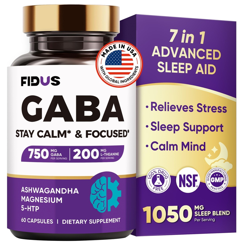 GABA L-Theanin Ashwagandha - 1050mg Blend - Made in USA - Advanced Sleep Aid & Calm- Magnesium, 5-HTP, Vitamin B6 & B12, GABA (Gamma Aminobuttersäure) Supplement - Melatonin-Free & Non-Habit Forming