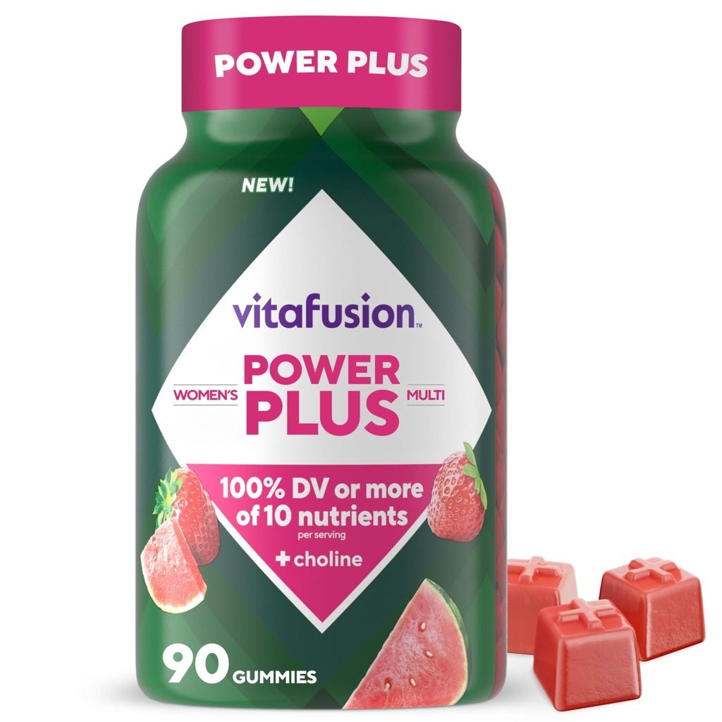 vitafusion Power Plus Frauen Multivitamin Gummis, 100% Tageswert oder mehr von 10 Nährstoffen, hilft Nerve, Energie Metabolismus, Knochen & Immune Gesundheit, Erdbeere & Wassermelone Flavor, 90 Count