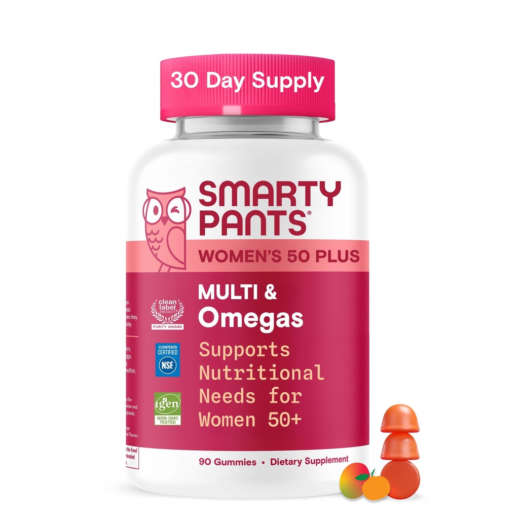 SmartyPants Multivitamin Gummy for Women 50 and Over, Omega 3 (DHA/EPA), Methylfolate, CoQ10, Vitamin D3, C, Vitamin B12, B6, A, K, Biotin, Gluten Free, 90 Count (30 Day Supply)
