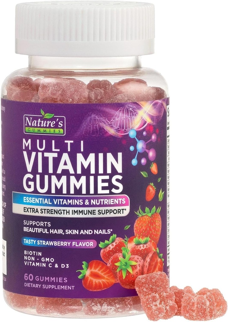 Multivitamin-Gummi für Erwachsene - Komplette Multivitamin-Gummi für Frauen & Männer - essentielle Vitamine & Mineralien mit Vitaminen A, C, D, E, & Hohe Potenz B12 - Vegetarische Gummy Multivitamine - 60 Gummie