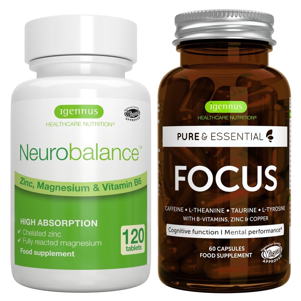 Neurobalance + Fokus Brain Booster Vegan Bundle, hohe Absorption Zink Magnesium & B6 + Koffein, Aminosäuren & Methylierte B-Vitamine, von Igennus
