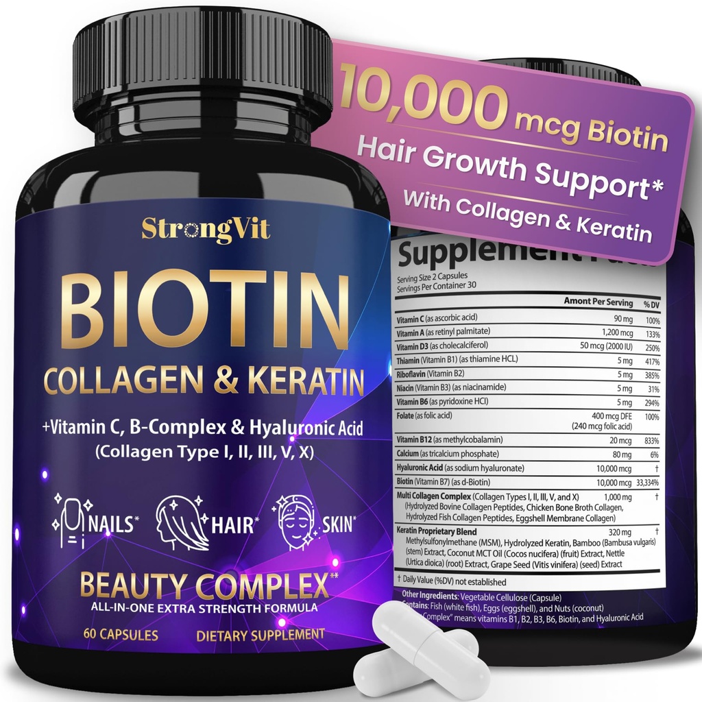 StrongVit Biotin mit Hyaluronsäure, Keratin und Collagen Ergänzungen - 10000mcg für Haarwachstum Frauen und Männer - Haar Haut und Nägel Vitamine - 60 Kapseln