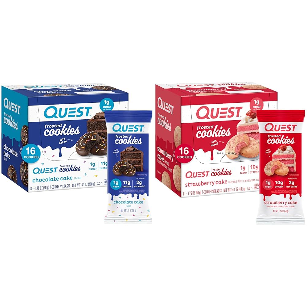 Quest Nutrition Frosted Cookies Twin Pack Bundle, Chocolate Cake 1g Sugar 11g Protein 2g Net Carbs und Erdbeer Cake 1g Sugar 10g Protein 2g Net Carbs, Gluten Free, 16 Cookies Jede