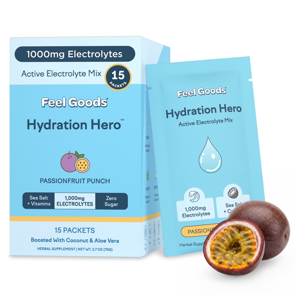 Feel Goods Hydration Hero, 1000mg Elektrolyte Pulver, Zuckerfrei, Magnesium, Bio Aloe Vera, L Theanine, Vitamin C & B12, Keto, Vegan, Elektrolyt-Packets, Passion Fruit Punch, 15 Count
