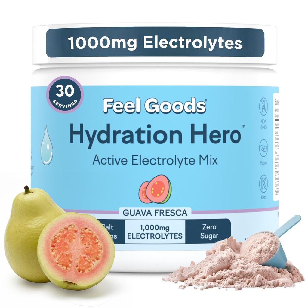 Feel Goods Hydration Hero, 1000mg Elektrolyte Pulver, Zuckerfrei, Magnesium, Bio Aloe Vera, Bio Aloe, L Theanin, Vitamin C & B12, Non GMO, Keto, Vegan | Guava Fresca, 30 Servierungen