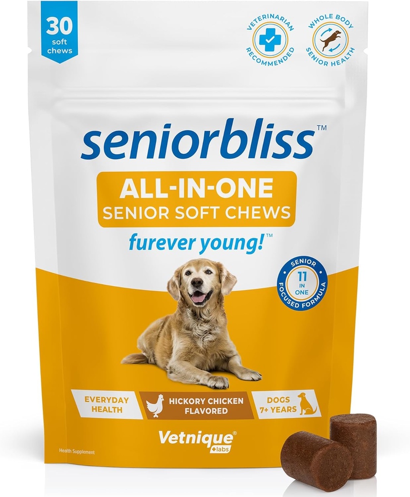 Vetnique Seniorbliss Senior Dog Multivitamin mit Glucosamin, Omega 3 Fish Oil und Probiotics - für Hundegelenke, Verdauungs- und Immununterstützung für optimale Gesundheit (All-in-One Daily Vitamin, 30 Ct)