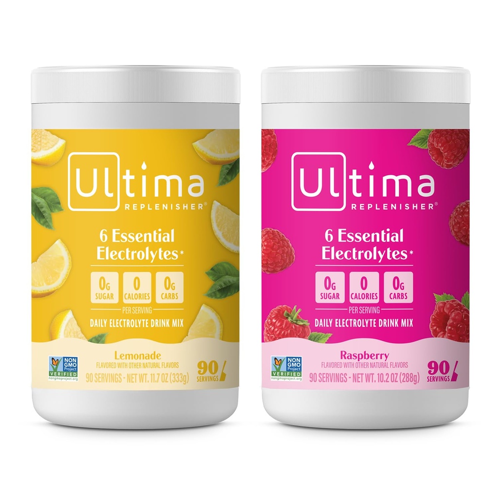 Ultima Replenisher Electrolyte Powder Drink Mix Bundle – Sugar Free – Lemonade und Raspberry, 90 Portionen – Hydration Powder - 6 Key Electrolytes und Trace Minerals – Keto Friendly, Non-GMO