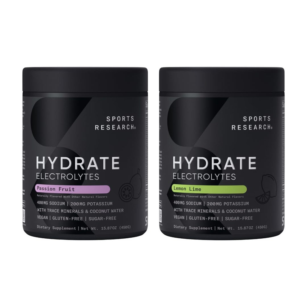 Sportforschung Hydrate Elektrolyte Pulver - Sugar-Free & Naturally Flavored with Vitamins, Minerals, and Coconut Water - Unterstützt Hydration - Passion Fruit & Lemon Lime