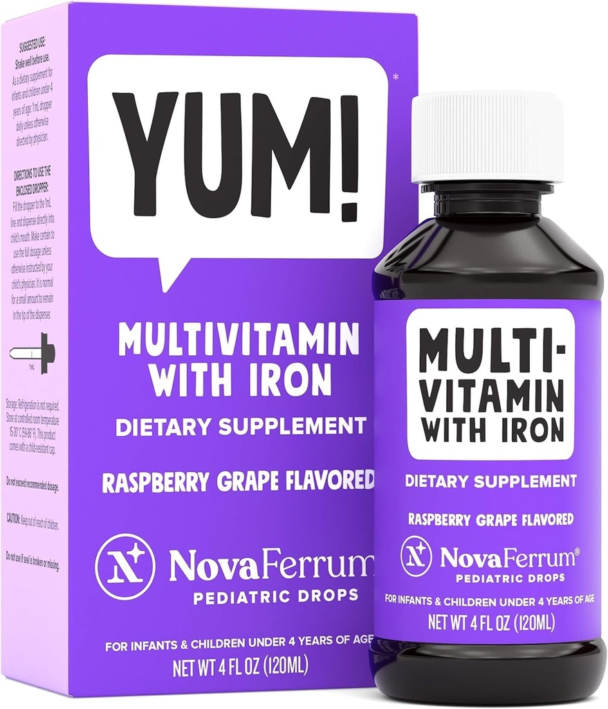 NovaFerrum Yum | Multivitamin mit Eisen für Infants, Kleinkinder & Kinder | Immununterstützung | Alter 4 & Unter | Gluten Free Certified | Sugar Free | Raspberry Grape | 120 Servierungen