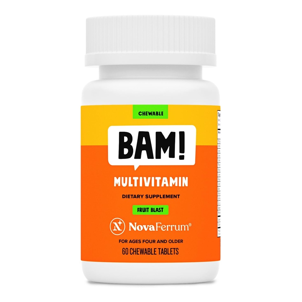 NovaFerrum BAM Chewable Multivitamin für Kinder & Erwachsene Alter 4 und oben - Fruchtblas Flavor - 60 Kautabletten - mit Vitaminen A, C, D, E, B6, B12, Biotin, Zink, Selenium & Manganese