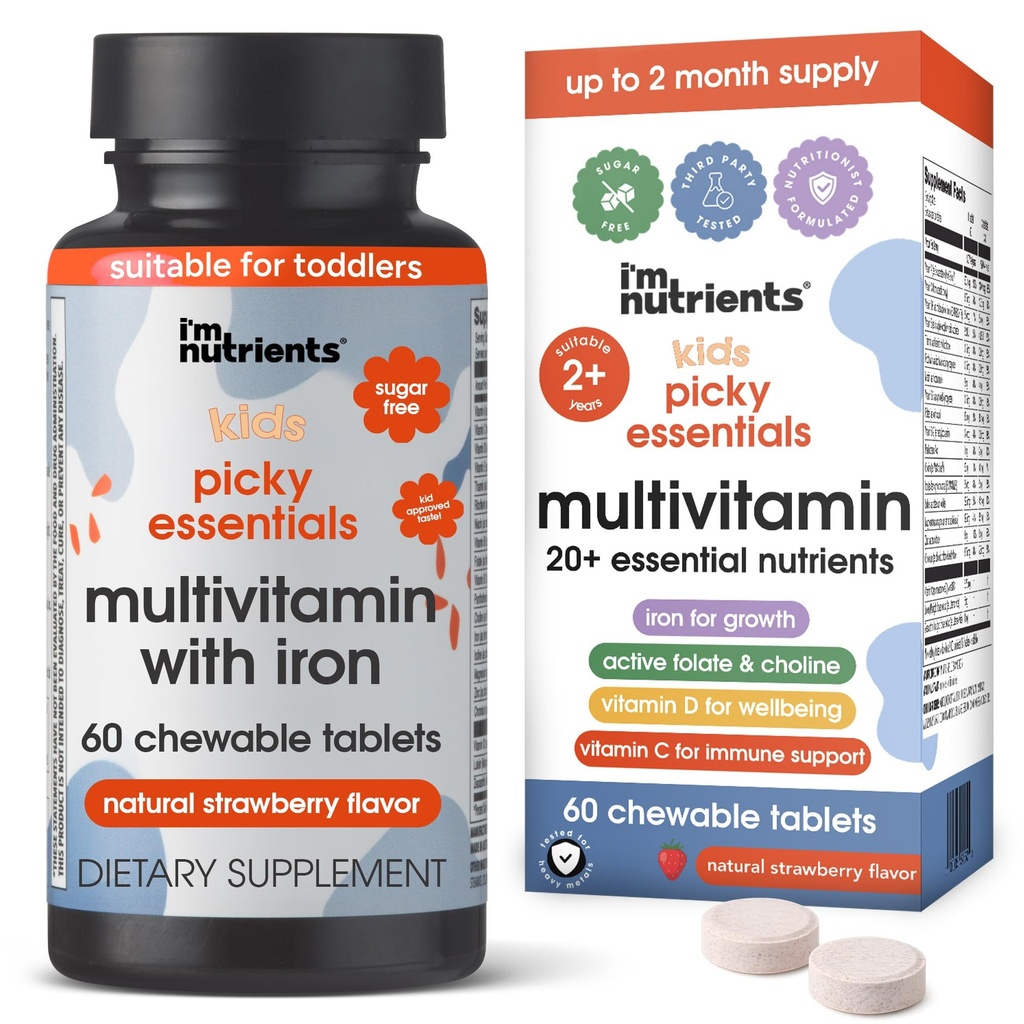 Picky Essentials Kinder Multivitamin mit Eisen + Zink | 20+ essentielle Nährstoffe | Alter 2+ | Natürlich Erdbeeren Flavored | Vitamine und Mineralien A, C, D3, Bs | Kein hinzugefügt Zucker | 60 Kautabletten