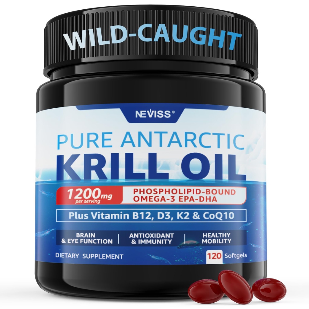 Antarktis Krill Öl 1200 mg Omega 3 Supplement, Omega 3 Krill Öl Softgele w/EPA, DHA, Astaxanthin & Phospholipide für Brain & Antioxidans, Sustainable Sourced, No Fishy Nachgeschmack, 120 Softgels