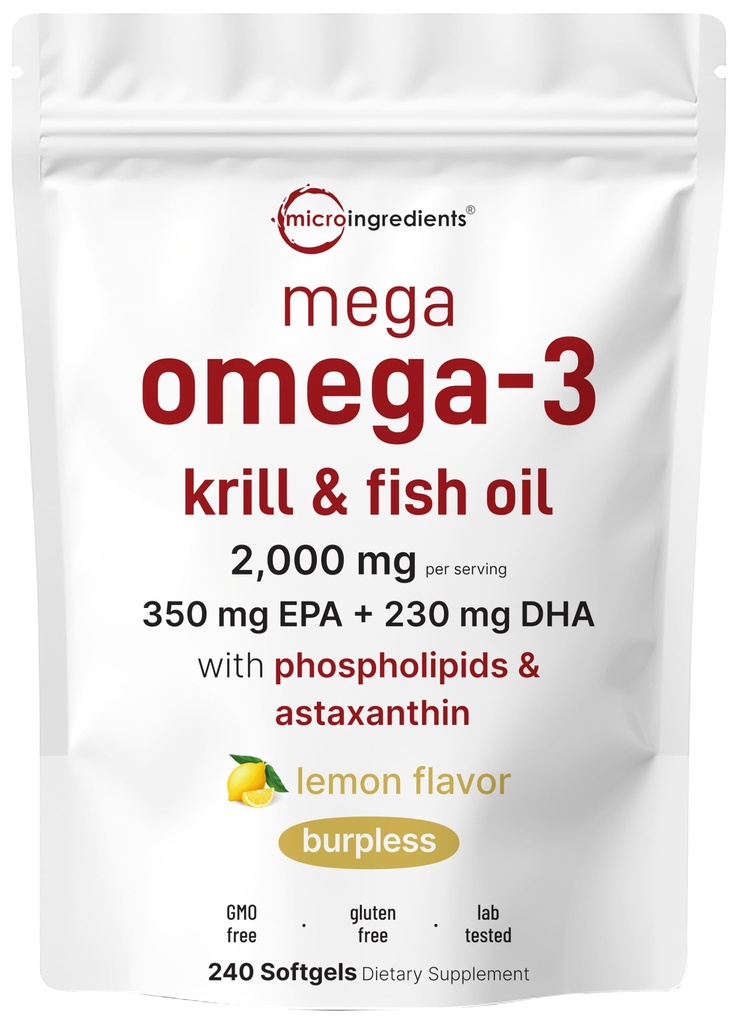 Mega Omega-3 Krill & Fish Oil 2.000mg Äquivalent, 240 Softgels | Lemon Flavored | Burpless | Essential Fatty Acids & Astaxanthin | EPA 350mg + DHA 230mg | Heart & Brain Supplement