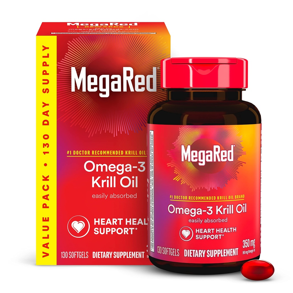 MegaRed - Omega-3 Krill Öl 350mg Softgels (130 Count in A Bottle), EPA & DHA Omega-3 Fettsäuren mit keinen Fisch Nachgeschmack Im Gegensatz zu Fischöl, Enthält Antioxidans Astaxanthin