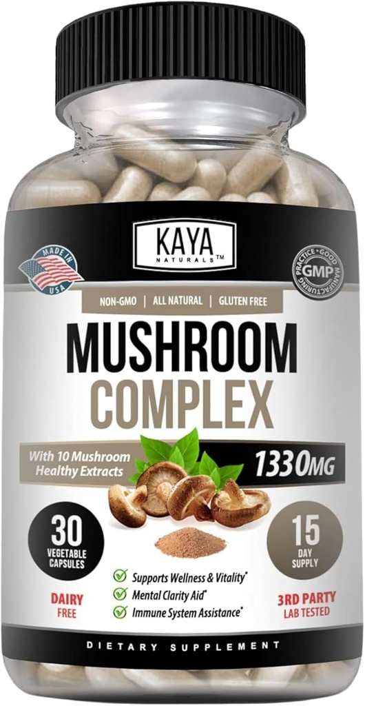 Kaya Naturals Premium Pilz Complex Potent - Pilz Complex Kapseln 1995mg pro Servieren - Aids Mental Clarity unterstützt Immunsystem, Wellness & Vitalität |-30 Count