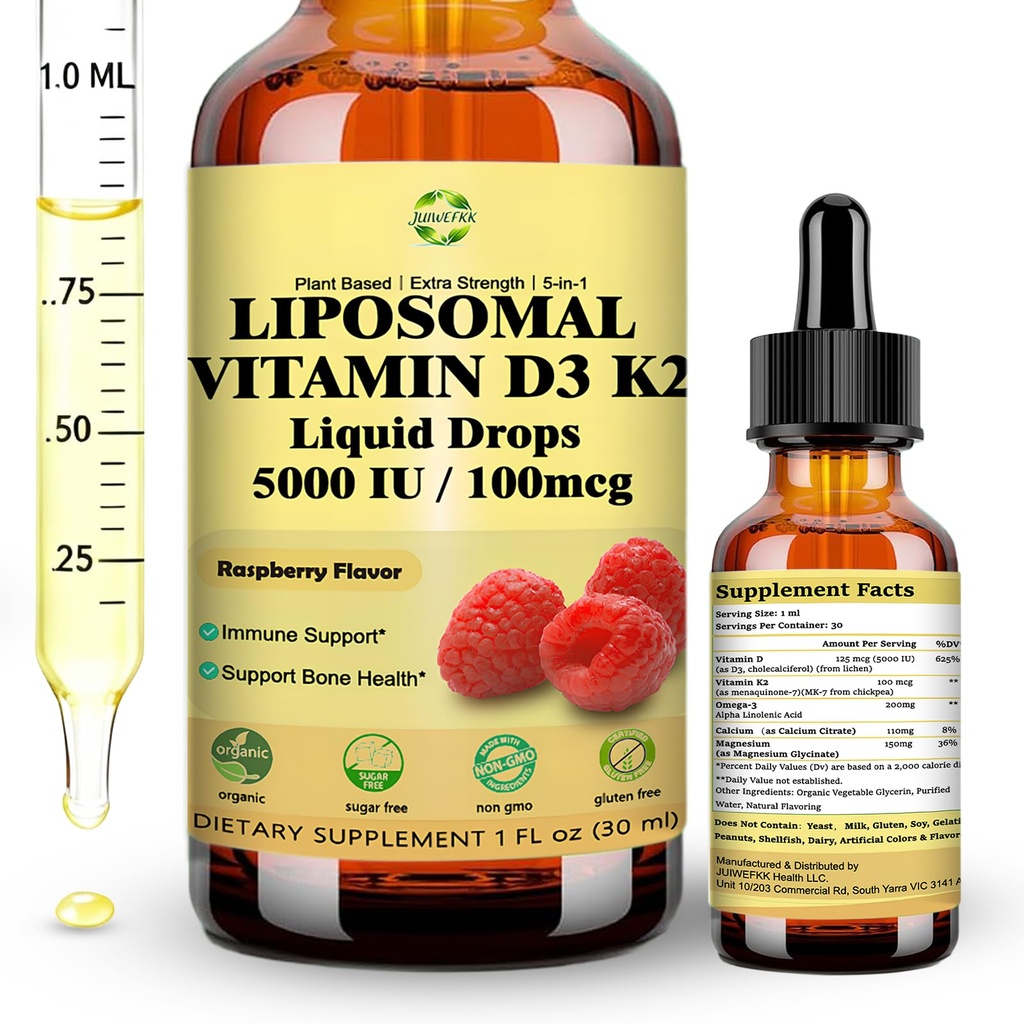 Flüssiges Vitamin D3 K2 Tropfen mit Calcium Magnesium Omega3, hohe Potenz 5-in-1 D3 K2 Vitamin 5000 IU Ergänzung für Knochen Gesundheit, Herz Zähne & Immue, Ultra Hohe Absorption Liposomal D3K2 pflanzenbasierte
