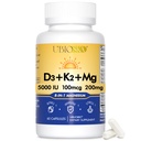 UBIOSKA Vitamin D3 K2 Magnesium Supplement – 5000 IU D3 + MK-7 K2 mit 8-Form Magnesium (Glycinate, Taurate, Malate) für Kalm Sleep, Stress Relief, Mood Balance & Strong Bones – 60 Kapseln