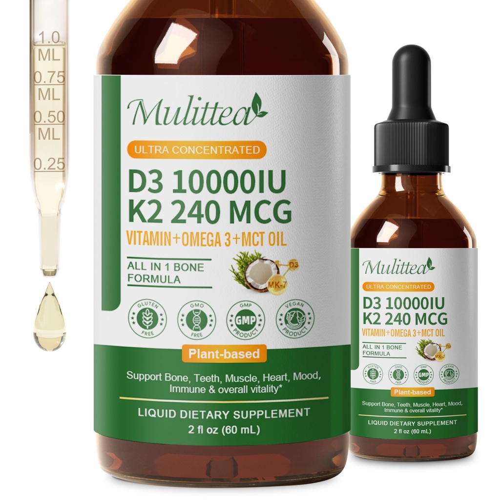 2 Pack Bio Vitamin D3 K2 Flüssigkeit 10000 IU w/ Vegan Omega-3 & Kokosnuss MCT Öl - maximale Stärke Vitamin D Ergänzung, keine Füllstoffe, Non-GMO K2 als MK7 für Knochen, Muskeln & Hohe Absorption-2 Fl Oz
