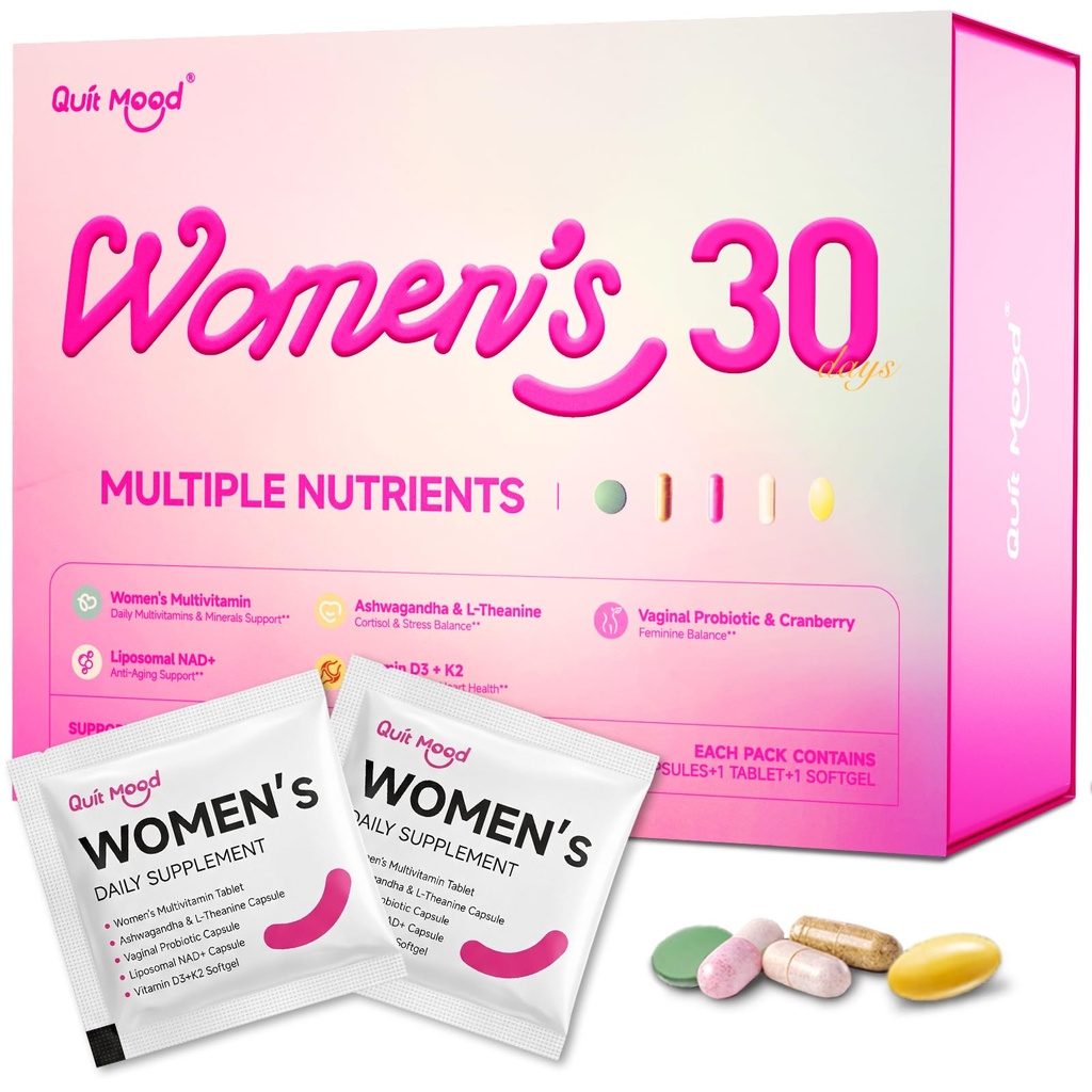 Multivitamin für Frauen Tägliche Vitamin-Packs für 30 plus mit D3+K2, NR1000, Probiotics & Ashwagandha | Ergänzung für Schönheit, Stress Relief, Knochen & Herz Gesundheit, Energie, Gut & Hormon Balance | 30 Tag