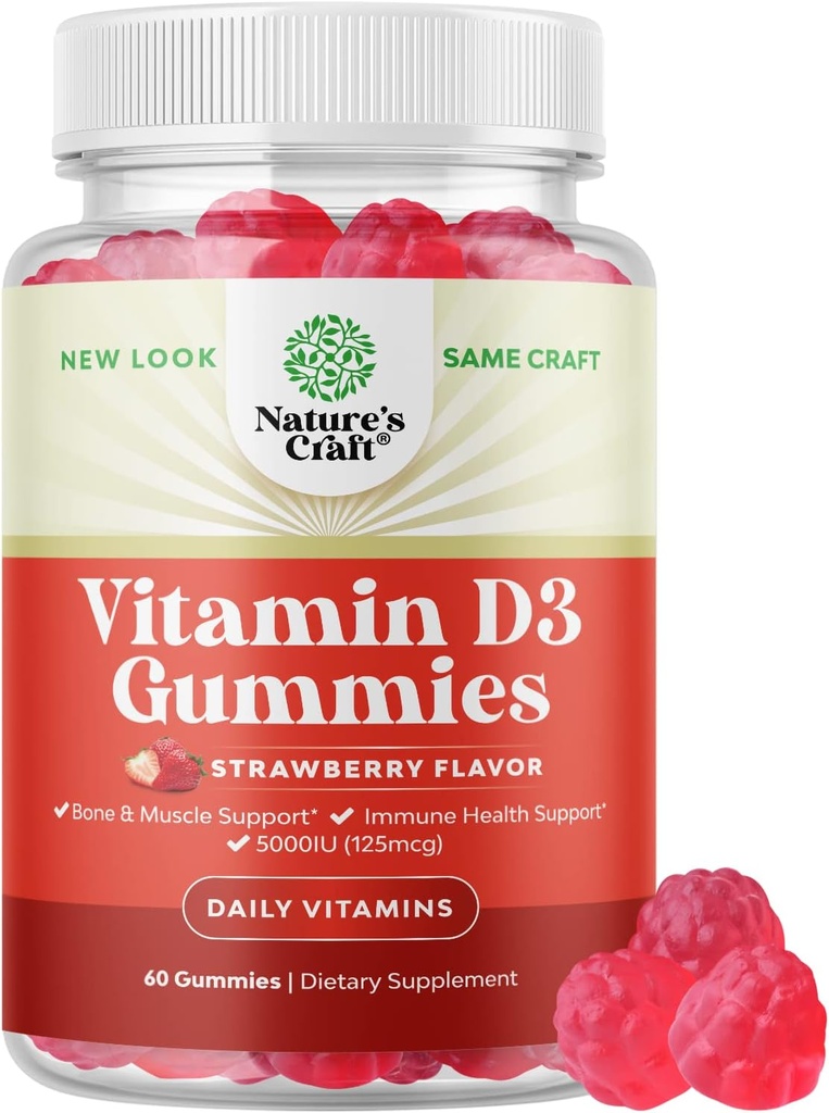 Vegan Vitamin D3 Gummi für Erwachsene - Vitamin D3 5000 IU Natürliche Gummy Vitamine für Männer und Frauen Immunität Joint Support Plus Zähne - Gelatin Free Non GMO Delicious Strawberry Flavor