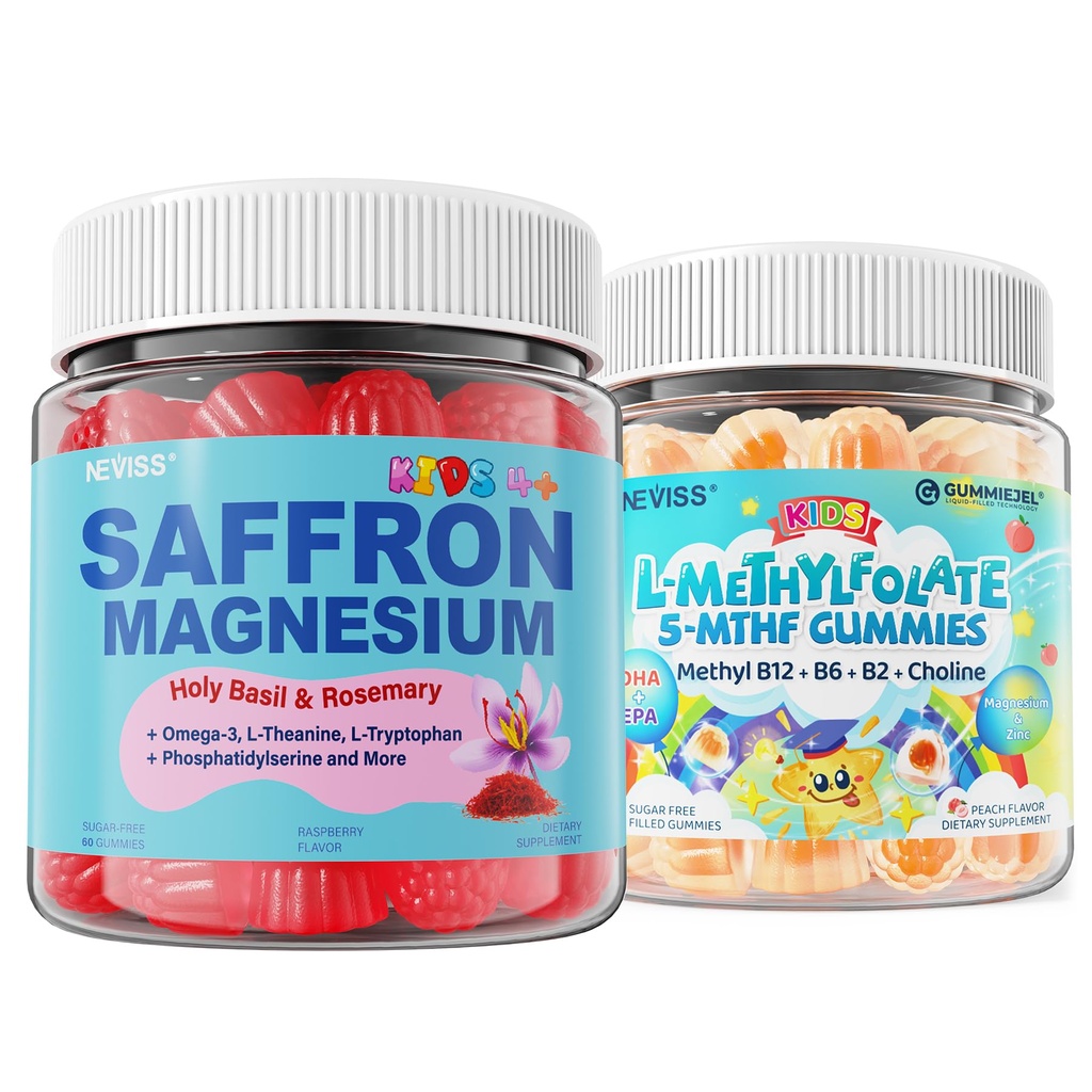Saffron + Magnesium Glycinate + Omega-3 - Calm Focus Gummis + Kids L-Methylfolate Gummis, Active 5-MTHF + Methyl B12, Vitamin B6, B2, Choline, Vegan Omega 3 DHA & EPA, Methyliertes Multivitamin