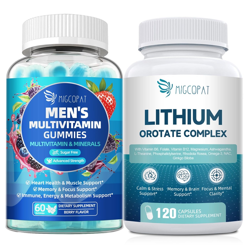 Migcopat Herren Multivitamin Gummie & Lithium Orotate Complex Bundle, Omega-3, Magnesium