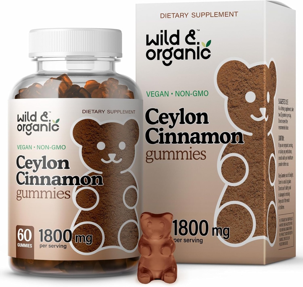 Wild & Organic Ceylon Cinnamon Gummies 1800mg - Antioxidantien Unterstützung w/Cinnamon, Turmeric Root, Ginger - 60 Vegan, Non-GMO Chews