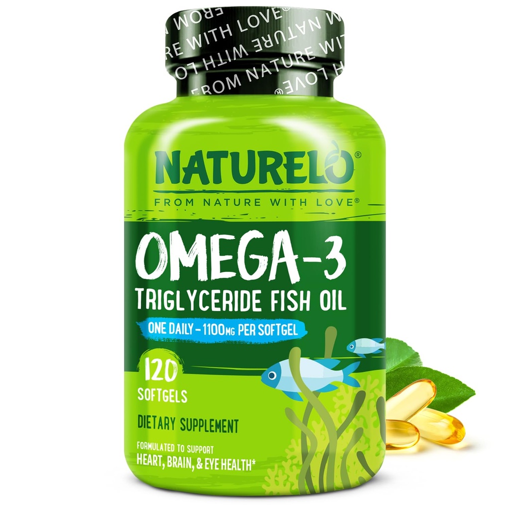 NATURELO Burpless Omega 3 Fischöl Supplement - 1100mg Triglycerid Omega-3, EPA + DHA, flüssiges Fischöl für Herz, Auge, Gehirn, Gelenkgesundheit - 120 Softgels, 4 Monate Versorgung