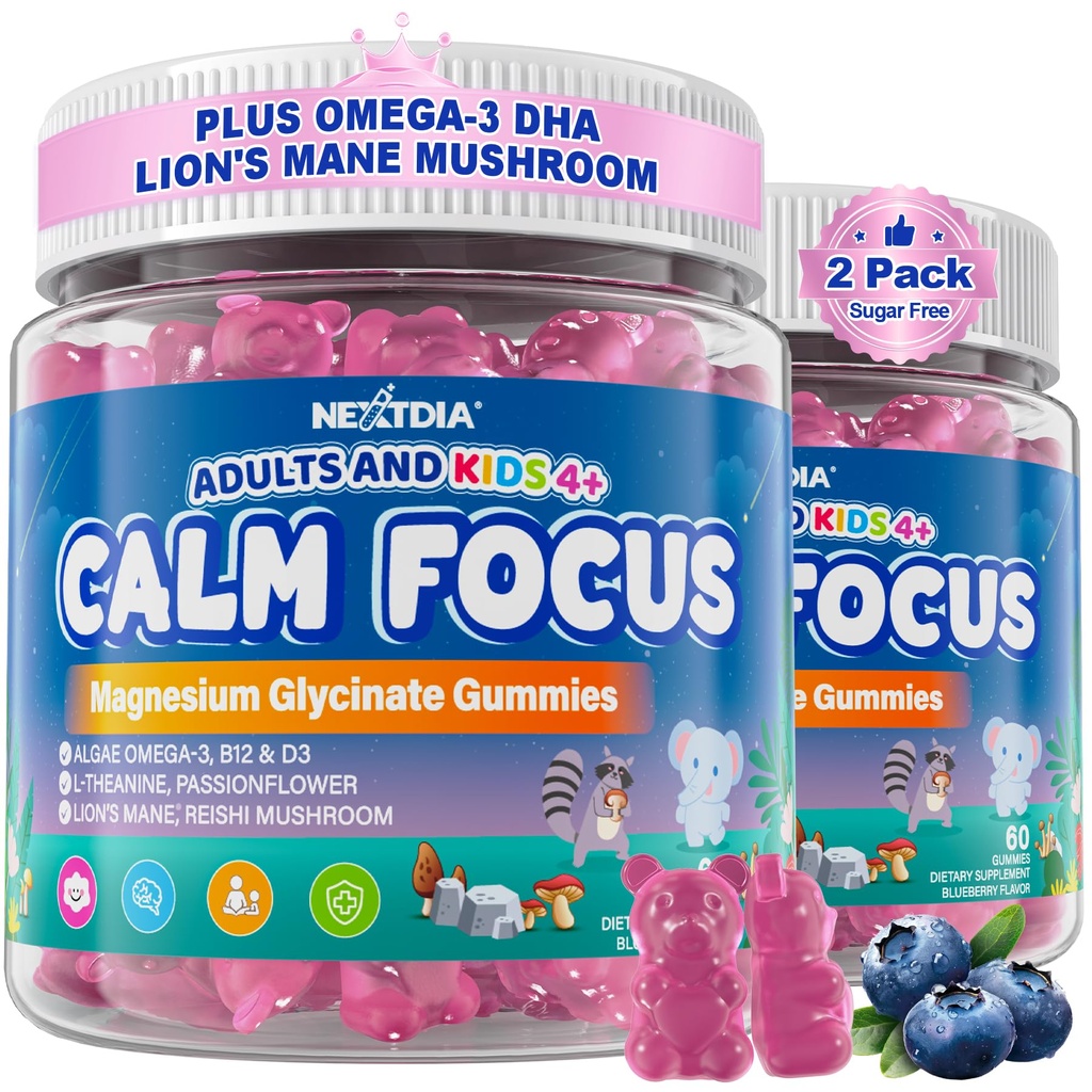 Fokus Gummi für Kinder & Erwachsene, w/Magnesium Glycinate, Omega-3 DHA, Lion's Mane, L-Theanin, Methyl B12 & Vitamin D3, Brain Supplement Support Calm, Schlaf, Aufmerksamkeit, Konzentration und Gedächtnis, 120Cts