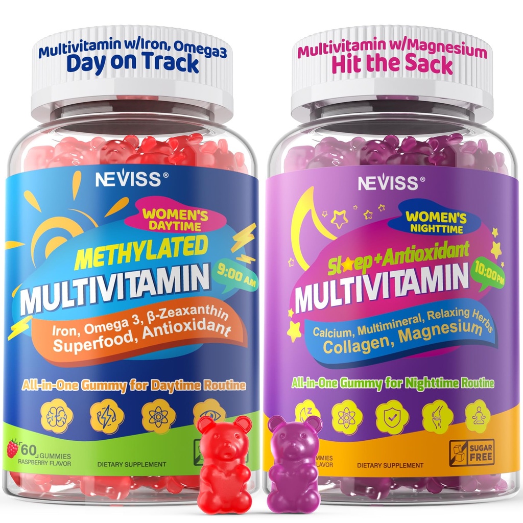 NEVISS 52-in-1 Methyliertes Multivitamin für Damengummis mit Eisen, Omega-3, B6 B9 B12 für Tag | Magnesium Glycinat, Calcium, Kollagen für Nachterneuerung/Schlaf, Frauen 18 30 40 50 60 70+ AM täglich