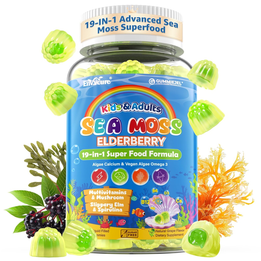 Sea Moss + Elderberry Gummies für Kinder & Erwachsene, 19-IN-1 Super Food mit Spirulina, Algae Omega 3, Algae Calcium, Ashwagandha, Pilz, Vitamine D3, C für Immune, Gut, Knochen, Energie, Gehirn, Venegan 60Cts