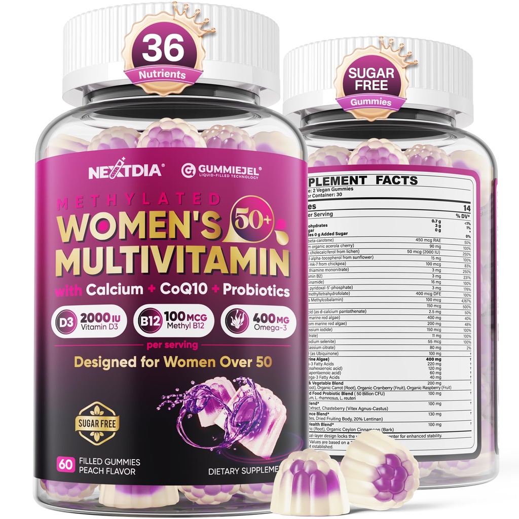 Multivitamin für Damen 50 Plus Gummie, Vegan Omega 3, Methylfolat, Calcium, D3 K2, CoQ10, Tägliches Vitamin A C E, methyliert B12, Biotin, B Complex, Zink - Knochen, Energie, Langlebigkeit - Zuckerfrei, 60Count