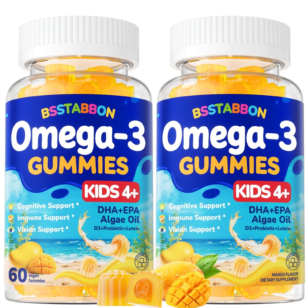 Vegan Omega 3 Gummies für Kinder 4+: Natürliche Omega-3 Fettsäuren Supplement DHA EPA mit Vitamin D3 B12 Probiotic Lutein Zink für Gesamtgesundheit - Kein Fisch Geschmack Multivitamin für Kinder (120Count)