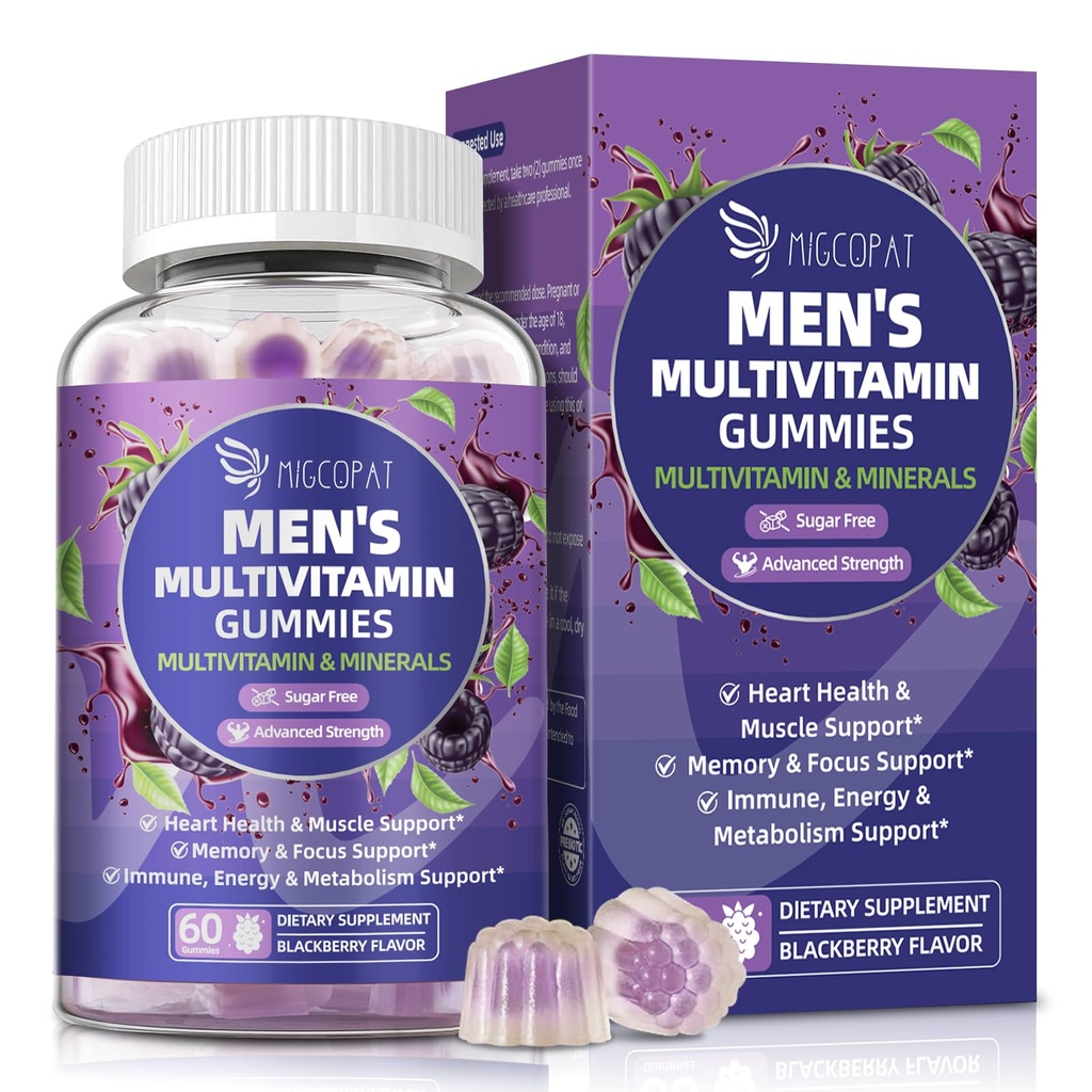 Multivitamin für Männer, Mens Multivitamins Gummie w/Omega-3, Probiotics, Inositol, Folate, Biotin, Zink, Vitamine A, C, D, E, B, - Unterstützung Herz, Gehirn, Muskel, Energie, Sugar-Free, Blackberry Flavor