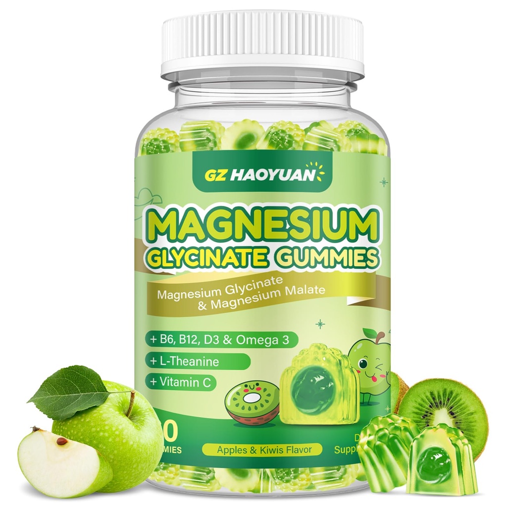Magnesium Glycinate Gummi für Kinder & Erwachsene - Zuckerfreies Magnesium Malat mit L-Theanin, Omega-3, Vitamin D3, B6, B12, C- Schlaf, Beruhigung, Gehirn, Knochen, Grün Apple & Kiwi,60ct