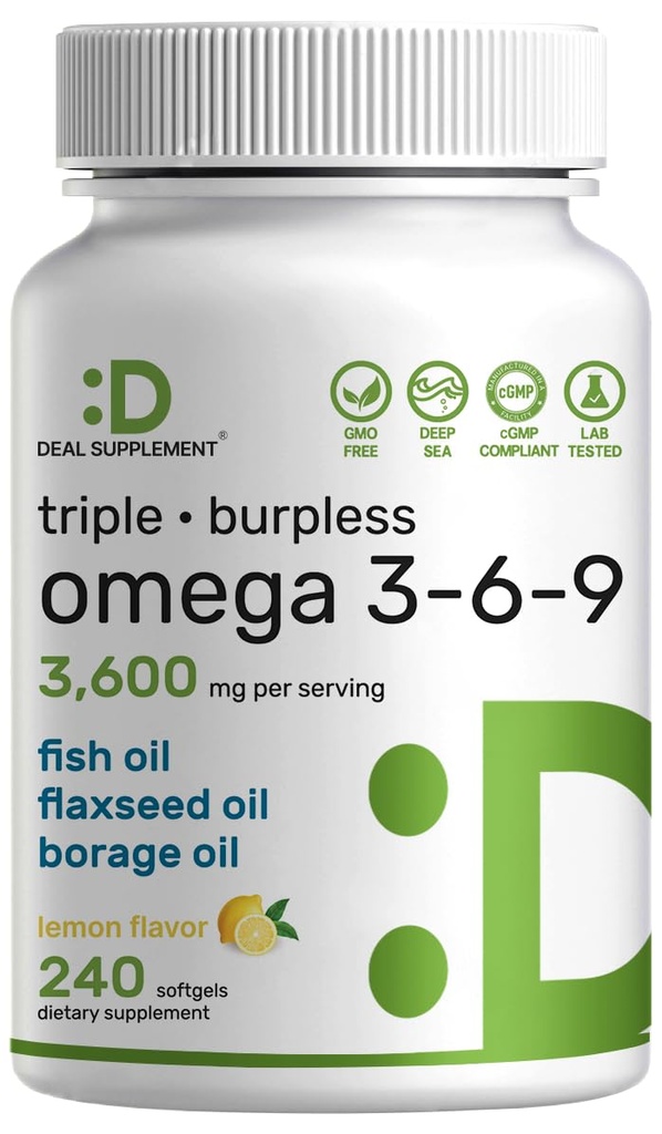 Triple Omega 3-6-9 Fish Oil Supplements 3.600mg – 240 Softgels mit Flaxseed Oil & Borage Oils Complex – High EPA + DHA – Burpless Pills, Lemon Flavored, Wild Caught – Herz, Gelenk und Gehirnunterstützung