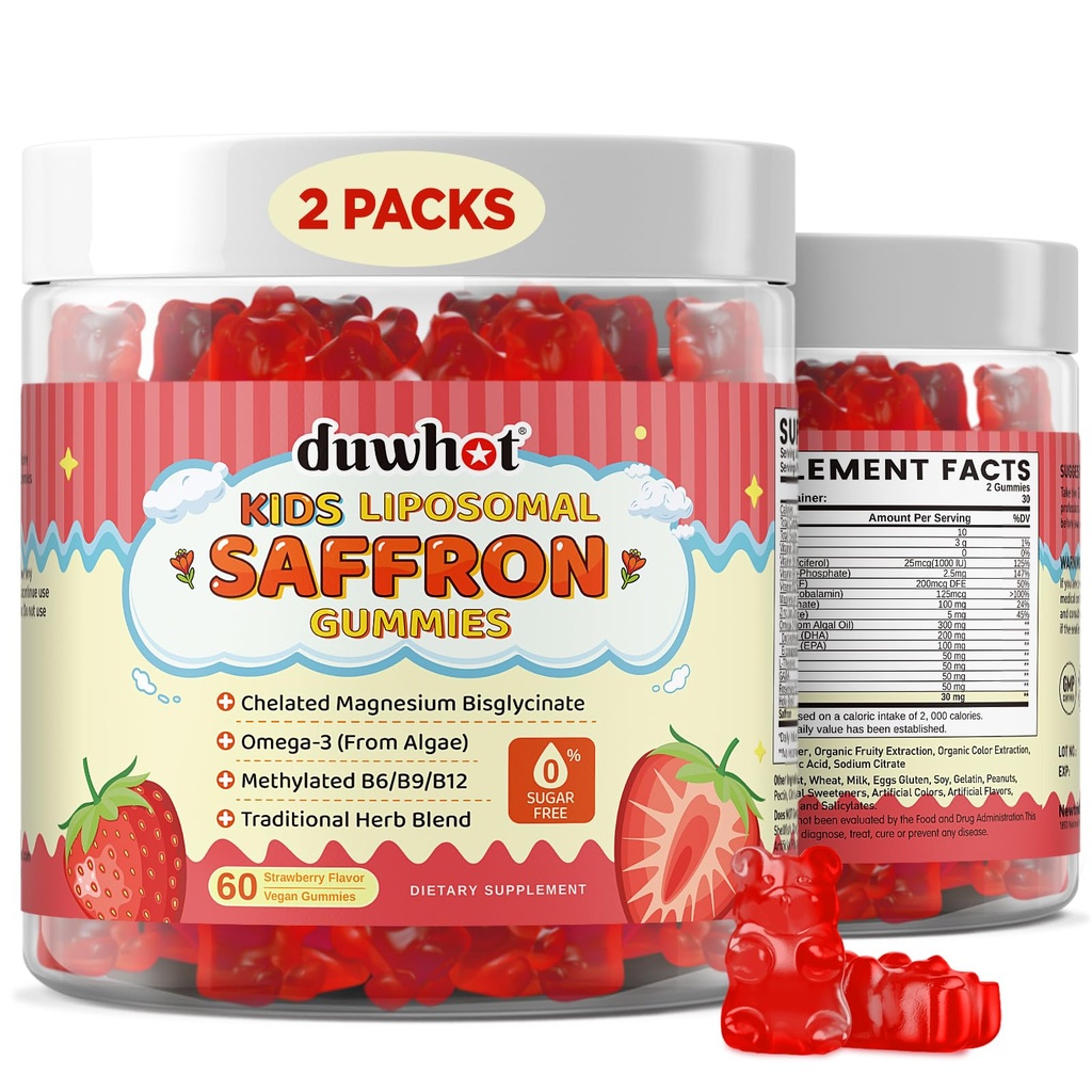 duwhot Liposomal Saffron Gummi für Kinder 4+, Saffron Ergänzungen w/Holy Basil, Rosemary, Magnesium Glycinate, Omega-3 &amp; mehr, Brain Focus Support Supplement, Vegan, Organic, Sugar Free, 120 Chewables