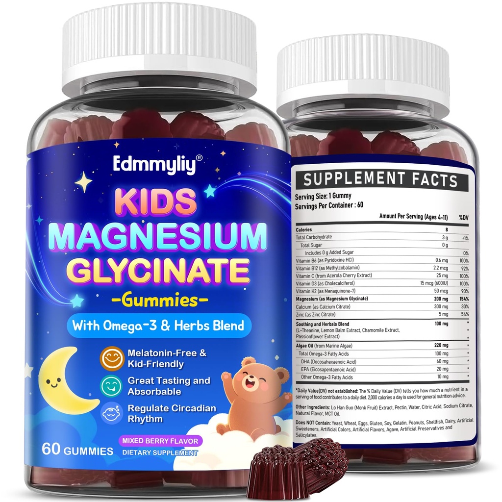 Kinder Magnesium Glycinate Gummie - Magnesium Glycinate Supplement 200mg mit L-Theanin Omega-3 Calcium Vitamin D3 & B12 für Kinder natürliche Zzz bei Bedtime & Gesamtgesundheit - Zuckerfrei & Non-GMO