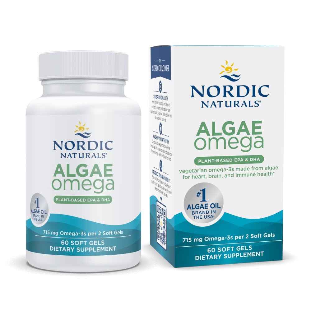 Nordic Naturals Algae Omega - 60 Soft Gels - 715 mg Omega-3 - Certified Vegan Algae Oil - Plant-Based EPA & DHA - Herz, Augen, Immun- & Gehirn Gesundheit - Non-GMO - 30 Servierungen