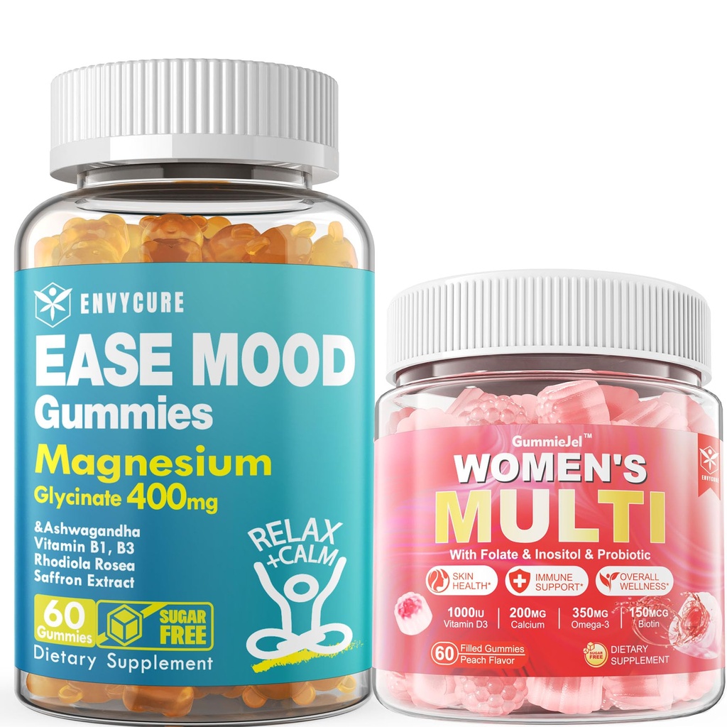 Zuckerfreies Magnesium Glycinat Gummi 400mg mit Ashwagandha + Womens Multivitamin Gummies w Omega-3, Calcium, Enzyme & Probiotic