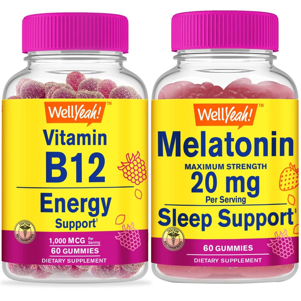 WellJa Vitamin B12 1000mcg + Melatonin 20mg, Gummis Bundle - Große Verkostung, Vitamin-Ergänzung, Glutenfrei, GMO frei, Kaugummi